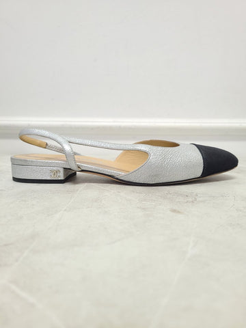 CHANEL シルバー ツートン スリングバック ポンプ ローヒール フラット シューズ 36.5 131248952