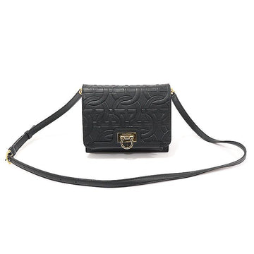 SALVATORE FERRAGAMO 21 I308 Schwarzes geprägtes Kalbsleder Gold Gancini Trifolio Crossbody-Tasche 131443961