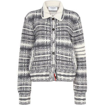 THOM BROWNE ペールグレー斜めTBタータンチェックウールポロカーディガン 058 67730811