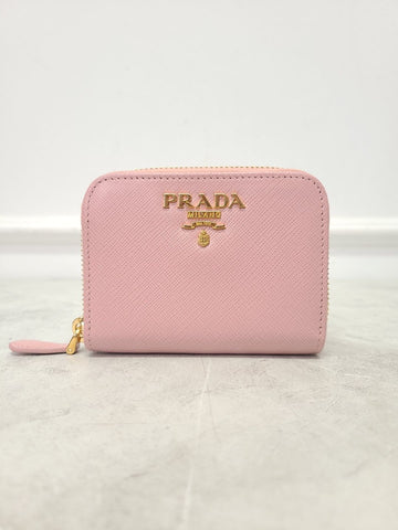 Prada Light Pink Saffiano Gold Metal Logo Coin Card Holder 134045416
