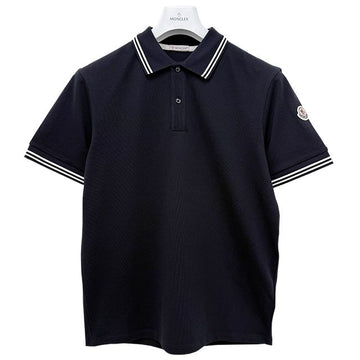 MONCLER ストライプトリミングコットンピケポロ半袖Tシャツダークブルー (8A00007 89A16 77X) 132955541