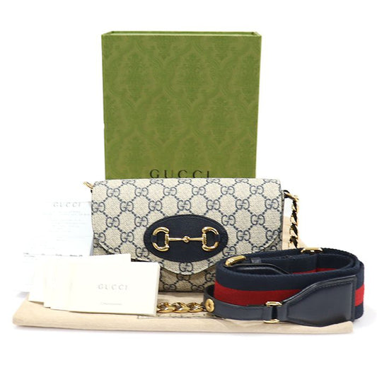 Gucci Beige Blue GG Supreme Canvas Horsebit 1955 Mini Chain Shoulder Bag 2WAY 724713 135826692 [P]