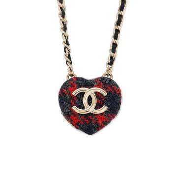 CHANEL 22K Tweed Heart Mirror Chain Necklace Red/Navy/Gold 5ET0541 130326890