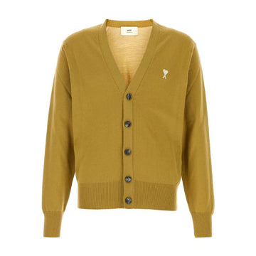 AMI Men's Heart Logo Wool Cardigan Mustard HKC121 KN0025 202 136048403