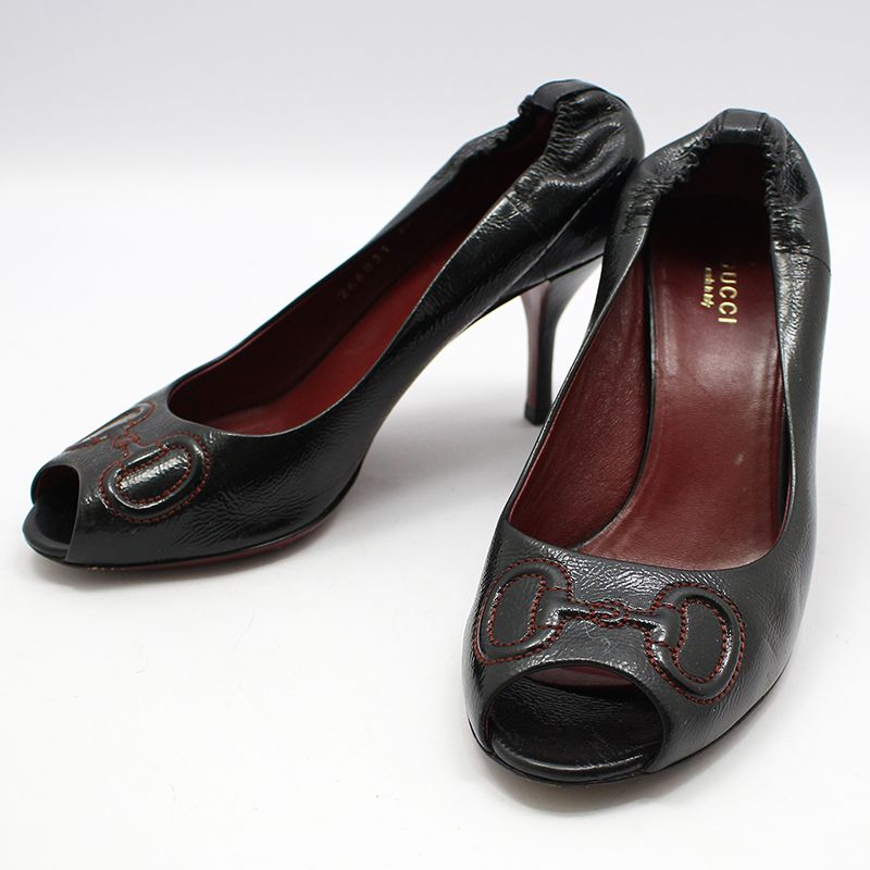 Gucci Black Patent Horsebit Open-Toe Pumps 36.5 137667674 – trenbe