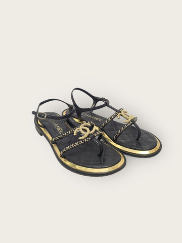 CHANEL Schwarze CC-Logo-Kettenriemen-Sandalen 36.5 138227154