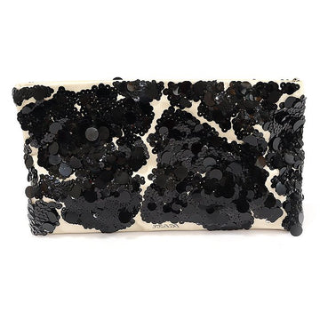Prada Beige Satin Black Sequin Flower Embellished Clutch CO92635PR 138879479