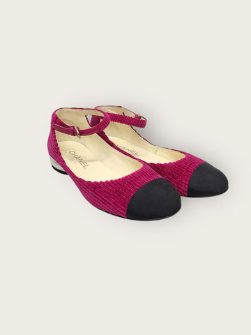 CHANEL フューシャ コーデュロイ メリージェーン バレリーナ フラット シューズ 37.5 47185850