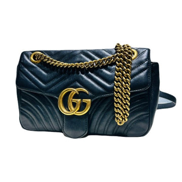 GUCCI Schwarze Leder GG Marmont Kleine Matelassé Quilt Goldene Kettenschultertasche 443497 139307049