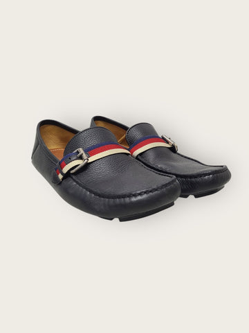GUCCI ブラックシルバーウェブハニービータブドライビングローファー 6 41976618