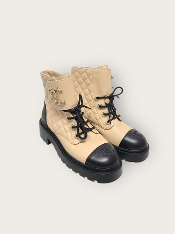CHANEL Beige Black Calfskin Chain CC Logo Quilted Lace-up Boots 36 139842178
