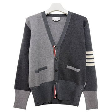 THOM BROWNE Kariertes Woll-Cardigan mit 4 Streifen in Tonal Grau 139893096