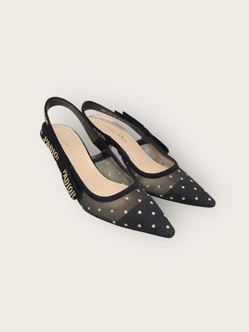 DIOR ブラックゴールドドットスウェードパンプススリングバック35.5 140063277