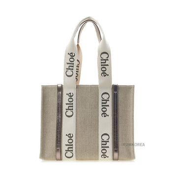 Chloe Woody Tote Bag in Linen and Leather 140337363