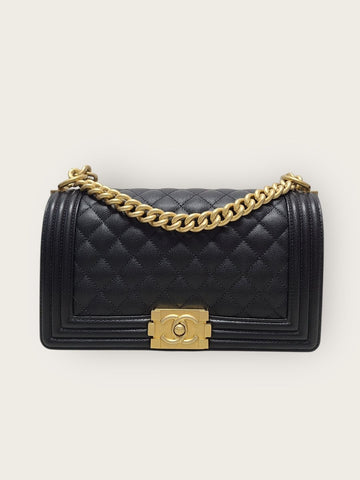 CHANEL Schwarze Kaviar Gold Boy Bag Medium Innenchip 140630565