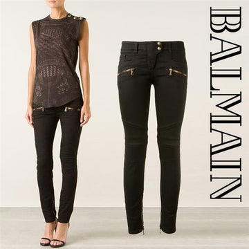 BALMAIN 5455 161N C0100 レディース ブラック ゴールド ジッパー バイカー パンツ 141451786