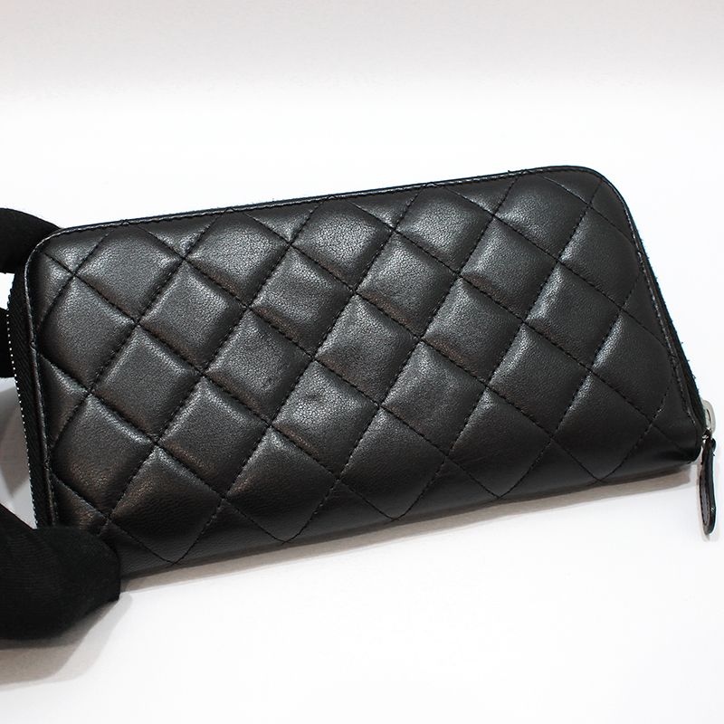 CHANEL Classic Silver Zip Long Wallet in Black Lambskin A50097