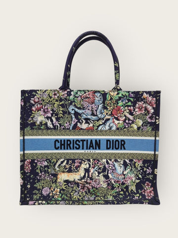 DIOR Navy Multi-Color Flower Embroidery Logo Book Tote Bag Large 142082130
