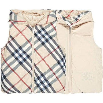 Burberry KIDS Pale Stone Reversible Check Hooded Goose Down Vest 8092515 PALE STONE /14A 103617074