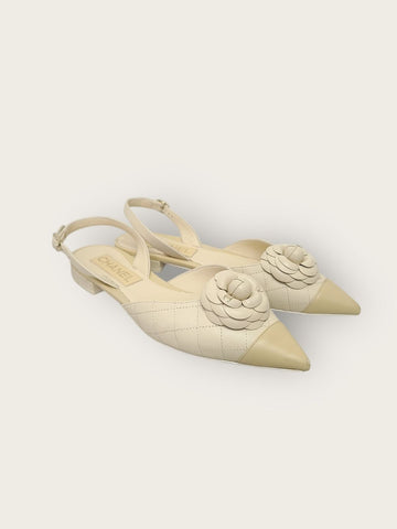 CHANEL Beige Lammleder Zwei-Ton Camellia Flach Slingback 38.5 143171949