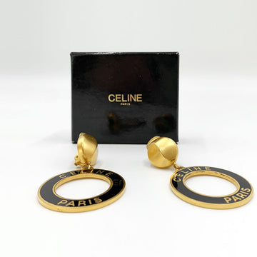 Celine Logo Circle Round Drop Clip Earrings Gold Vintage 12345 143212684
