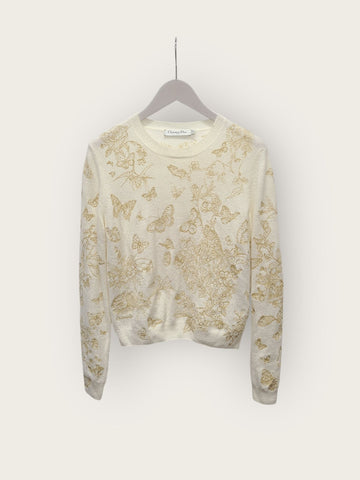 Dior White Gold Butterfly Motif Embroidered Cashmere Knit Sweater 143605772