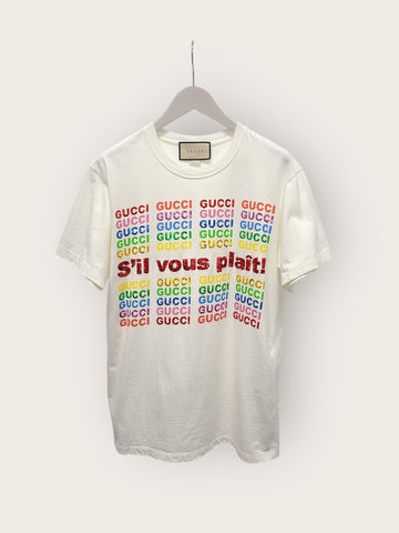 GUCCI ホワイト刺繍ロゴディテールコットン半袖Tシャツ 143823582