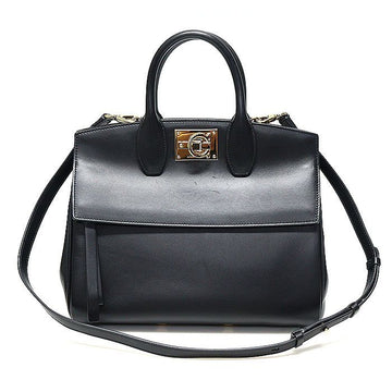 Salvatore Ferragamo 21 H159 Black Calfskin Gold-tone Gancini Studio Small 2WAY 144159295