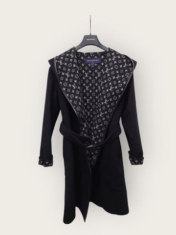 LOUIS VUITTON ブラック ホワイト モノグラム フーデッド ラップ コート 34 144259581