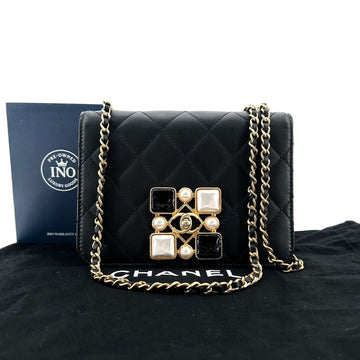 CHANEL Lambskin Limited Edition Onyx Pearl Flap Crossbody Bag 144311254