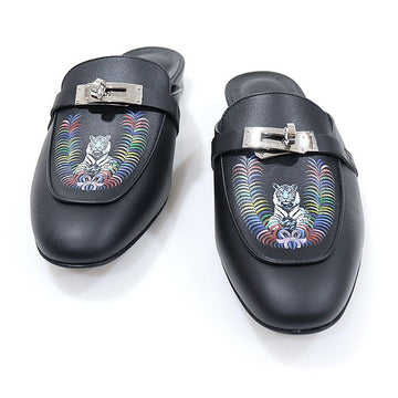 HERMES H2220705Z Schwarzes Kalbsleder Silber Tiger Royal Print OZ Oz Mule Frauen Sandalen 37.5 145682281