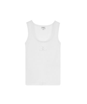 CHANEL 25C CC Logo Punched Sleeveless Top 40 White 5ET0007 123093966