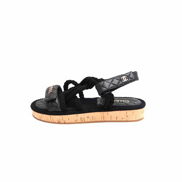 CHANEL G34602 Gold Logo CC Tweed Rope Velcro Strap Women's Sandals 01399634 146309311