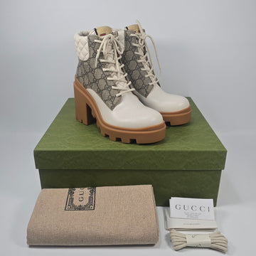 Gucci Women's GG Supreme Leather Lace-Up Boots Heel 245 146880935