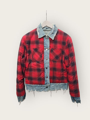 AMIRI Distressed Denim Red Check Flannel Reversible Jacket 146962095