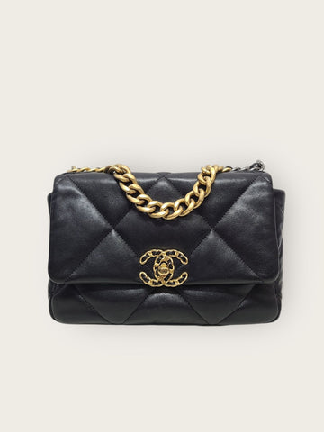 CHANEL Black Lambskin 19 Flap Bag Medium Built-in Chip 147030046