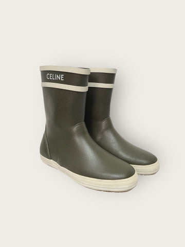 Celine Khaki Printed Logo Flat Half Rubber Rain Boots 39 147208546