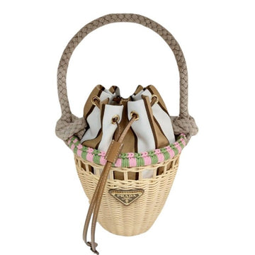 PRADA Dreieckslogo Pink Rope Wicker Mini Bucket Bag Rattan Bag Tan Beige 1BE083 147316390