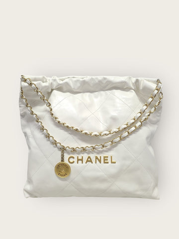 CHANEL Weiße 22 Bag Medium Shiny Gold Chain Schultertasche 147345864
