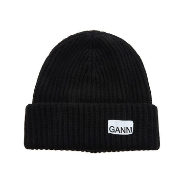 Ganni A4429 099 FW25 Unisex Logo Label Wool Beanie 147684113