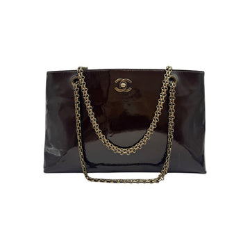 CHANEL Patent Chain Shoulder Bag Brown 148422197