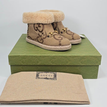 Gucci Jumbo GG Canvas Horsebit Shearling Ankle Boots 210 148703948