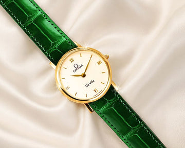 OMEGA De Ville Seltene Weiß-Ivory Zifferblatt Damen Grün Krokodil-Leder Uhr 144765176 [P]