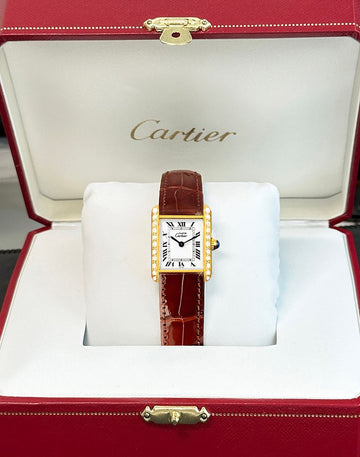 CARTIER Must Tank SM Quarz Weißes Römisches Zifferblatt Damen Diamant Krokodilleder Uhr 149011504