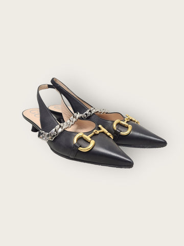 Gucci Black Leather Horsebit Slingback Shoes 37 149323096