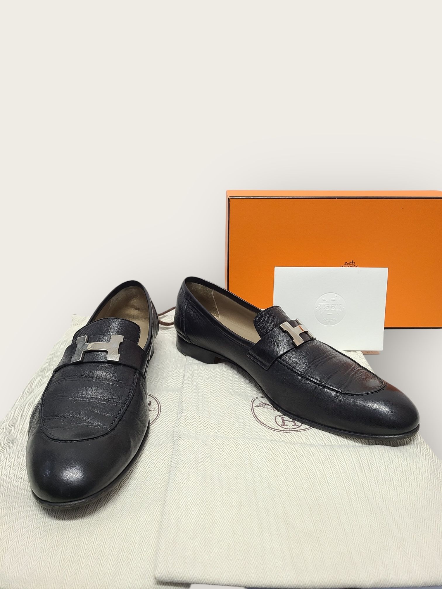 Hermes Black Silver H Logo Paris Men's Loafers 149323183 – trenbe