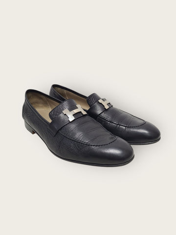 HERMES ブラック シルバー Hロゴ パリ メンズ ローファー 45 149323183