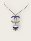 CHANEL Pearl Bead Blue Stripe CC Logo Necklace 149860344 [P]