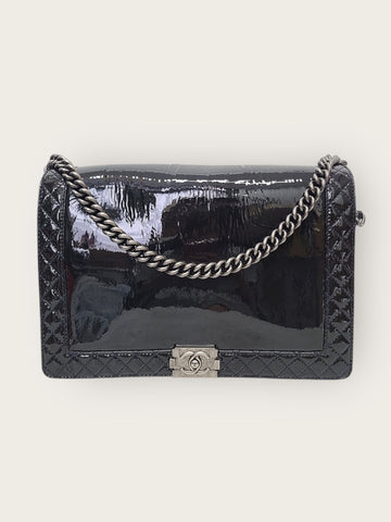 CHANEL Patent Vintage Silver Boy Bag Large 150217393
