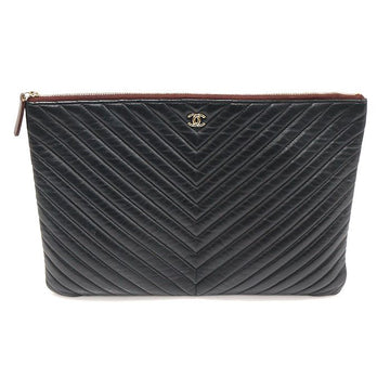 CHANEL A82552 Black Lambskin Chevron Gold CC Logo Classic Large O Case Pouch Clutch 150217403